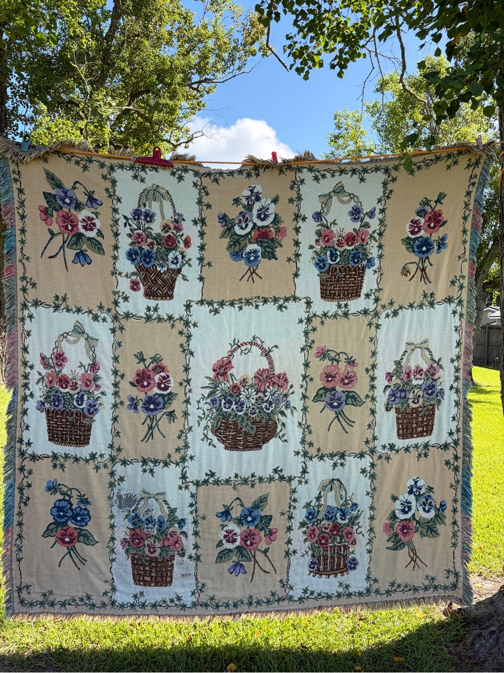 Goodwin Weavers Pansy Baskets Tapestry VTG Queen Size Blanket 80x79